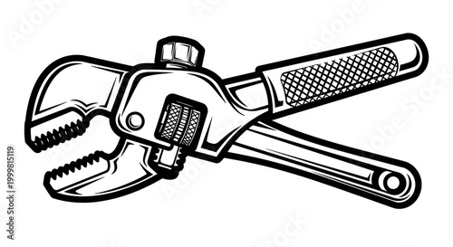 Black and white adjustable pipe wrench graphic illustration