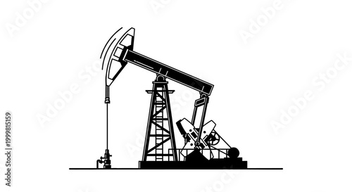 Black and white oil pump jack vector illustration
