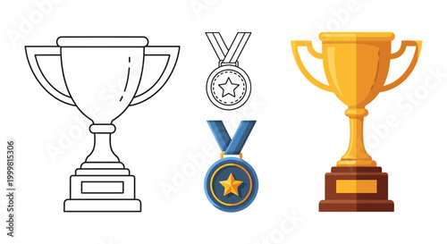 Trophy and Medals Icons: Award, Victory, Success, Achievement, Competition, Champion