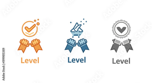 Achievement Levels Icons: Bronze, Silver, Gold Badges with Ribbons and Checkmarks