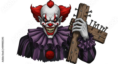 Cuadro en lienzo Terrifying Clown Holding Wooden Cross with Nails, Horror Character Illustration