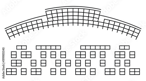 Set of plan for arranging seats semicircle and rows in interior layout outline, place spectators classroom map seats amphitheater scheme, chairs and tables furniture top view, vector line illustration