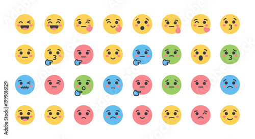 Collection of Diverse Emoji Faces Showing Various Emotions and Expressions, Vector Art