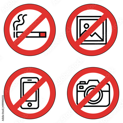 Set of prohibition signs including no smoking, no photos, no mobile phones, and no image capturing, red circle warning icons for public safety and regulations, clean flat design set for warning Free Download Set of prohibition signs including no smoking, no photos, no mobile phones, and no image capturing, red circle warning icons for public safety and regulations, clean flat design set for warning - GFXLoad