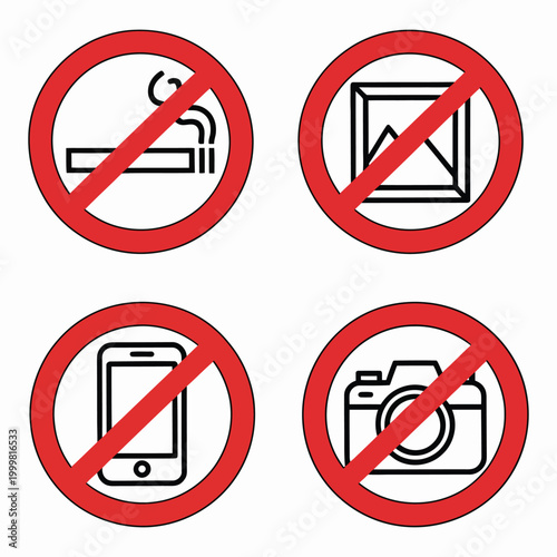 Free Download Set of prohibition signs including no smoking, no photos, no mobile phones, and no image capturing, red circle warning icons for public safety and regulations, modern vector symbol collection for sign - GFXLoad