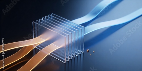 Translucent glass slats with amber and blue data ribbons on dark technology background with clean copy space and premium abstract digital flow
