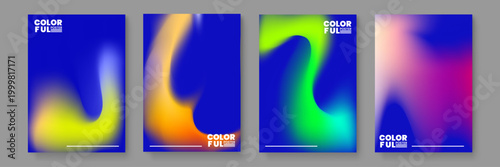Artistic poster set featuring bold blue backgrounds with flowing yellow and green aura wave shapes