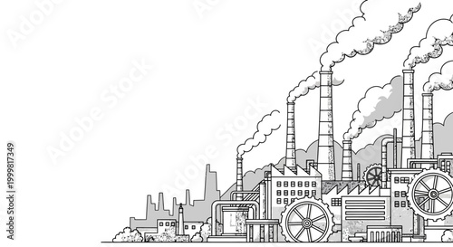 Industrial factory complex with smoking chimneys and large gears line art illustration.