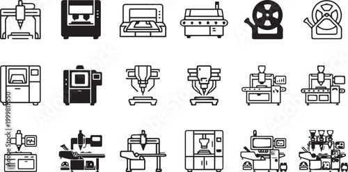 Industrial manufacturing machines and 3D printer icon set black vector silhouettes isolated on white