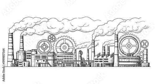 Hand drawn sketch of industrial factory landscape with smoke stacks and gears.