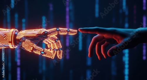Ai and human connection futuristic tech background with robotic hand reaching for human hand digital innovation concept