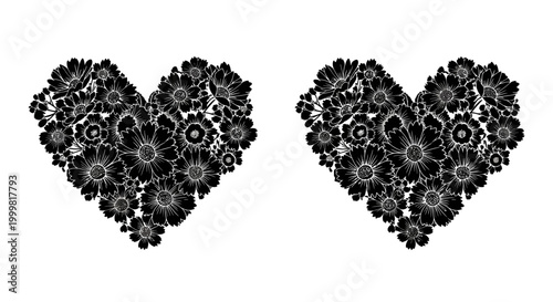 Two decorative heart shapes composed of intricate black floral illustrations.