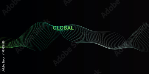 Futuristic global network wave with green digital lines. Abstract technology background with flowing data particles. Modern corporate communication vector.