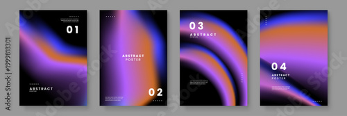 Deep dark posters showcasing elegant wavy neon light paths with purple and blue glowing gradients