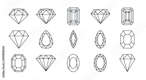 Schilderij op canvas Gemstone Cut Icons: Diamond, Emerald, Pear, Marquise, Oval Shapes Line Art