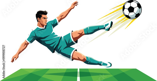 Dynamic Strike: A focused athlete, poised in mid-air, unleashes a powerful kick, sending the soccer ball soaring towards its destination. A moment of intense action, skill, and determination.