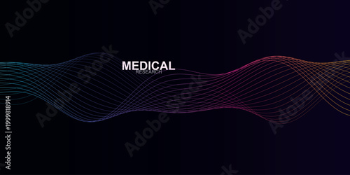 Medical research abstract background, futuristic wave of glowing particles and lines, digital healthcare science vector with dark gradient