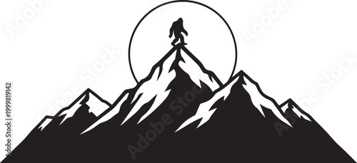 Mountain climber silhouette, adventure icon, black vector graphic, summit achievement symbol