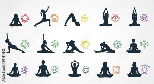 Silhouettes of people performing various yoga poses with colorful chakra symbols for meditation and wellness