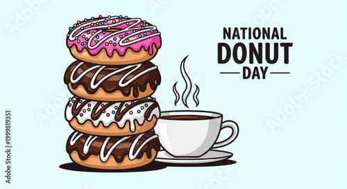 Stack of colorful frosted donuts with chocolate and pink glaze next to a steaming coffee cup on a light background celebrating national donut day with festive typography