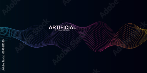 Artificial Intelligence abstract wave background, digital sound frequency vector, futuristic data visualization with colorful flowing lines on dark