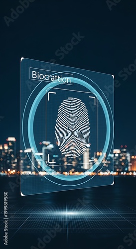 Digital security interface displays fingerprint scanning technology above a blurred nighttime cityscape