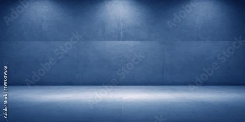Empty interior room featuring a dark grunge concrete wall with spotlights and a vintage gray textured pattern above a blank blue floor surface