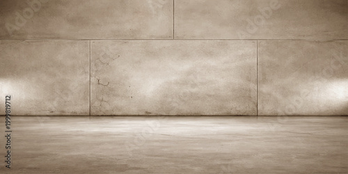 Empty grey concrete wall and cement floor provide a dark textured room interior with a vintage grunge stone backdrop and old grey space for an empty nobody studio