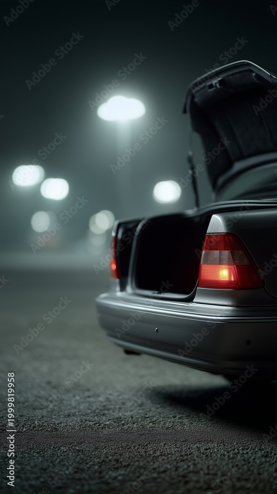 Obraz premium Nighttime Car Trunk: A mysterious nighttime scene featuring a car trunk illuminated in a dim, urban environment, evoking intrigue.