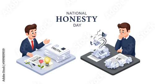 An isometric vector illustration depicts the concept of national honesty day, portraying a man at a desk with documents marked 'truth' alongside crumpled papers and a question mark, set