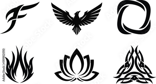 Elegant black vector designs phoenix floral and abstract shapes for tattoos logos and graphic vector art