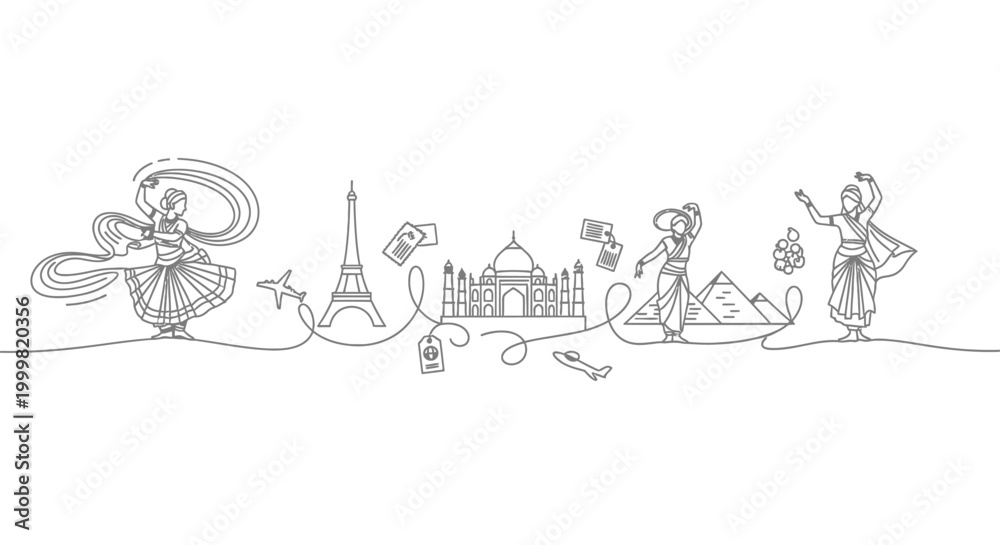 Fototapeta premium Continuous line drawing of world landmarks and cultural dancers