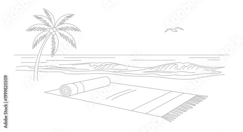 Continuous line drawing of beach towel and palm tree