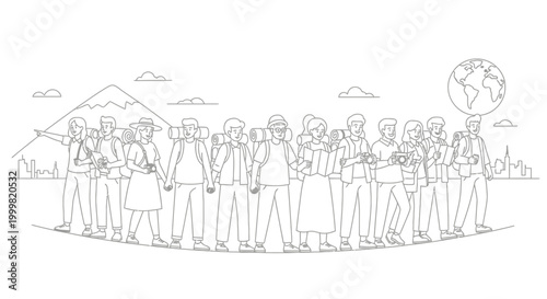 Diverse group of travelers with backpacks exploring the world
