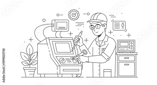 Engineer operating advanced electronic machinery in modern laboratory setting