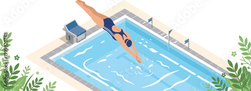 Isometric illustration of a swimmer diving into a pool, ideal for advertising and news about spring sports and recreation