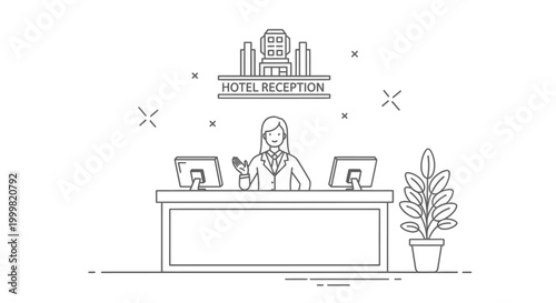 Female receptionist at hotel front desk line art illustration