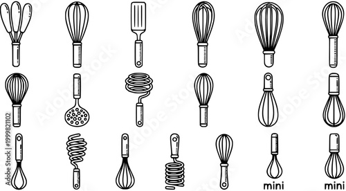 Kitchen Utensils Line Art Icons Collection: Black and White Whisks, Spatula, and Baking Tools Set for Cooking and Food Preparation Design