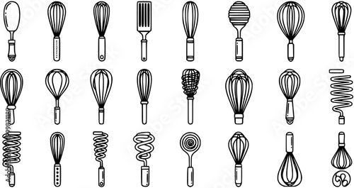 Black and White Line Art Icons of Kitchen Whisks and Utensils, Food Preparation Tools