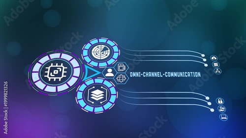 Advanced digital communication matrix showing omni channel connectivity with futuristic UI elements and interconnected information network nodes.