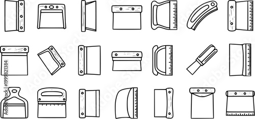 Black and White Line Art Icons of Various Putty Knives and Scrapers for Construction