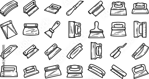 Construction Tools Line Art Icons: Trowels, Putty Knives, Scrapers - Vector Set