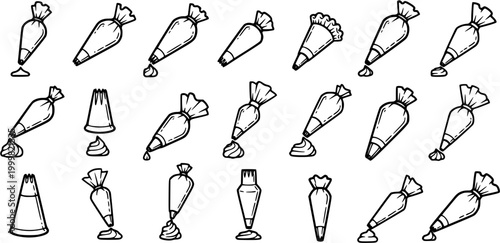 Food and Baking Industry Black and White Line Art Icons Set of Piping Bags with Pastry Cream. Outline Glyphs for Confectionery, Desserts, and Cake Decorating.
