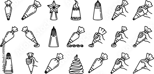 Black and White Line Art Icons of Pastry Bags and Decorating Tips