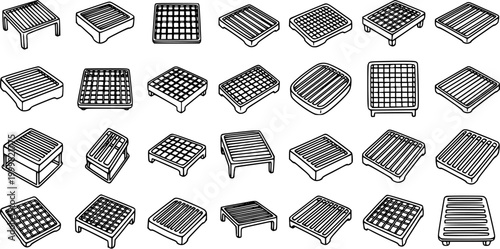 Diverse Food  Kitchen Grates, Cooling Racks, Oven Trays - Black and White Line Art Vector Icons Collection