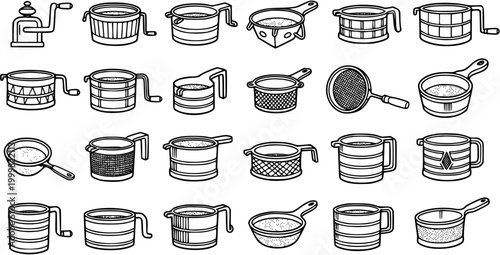 Food  Kitchenware Line Art Set: Hand-Drawn Black and White Icons of Flour Sifters, Strainers, and Measuring Cups for Baking and Cooking