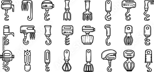 Black and White Line Art Icons of Kitchen Utensils - Mixers and Corkscrews