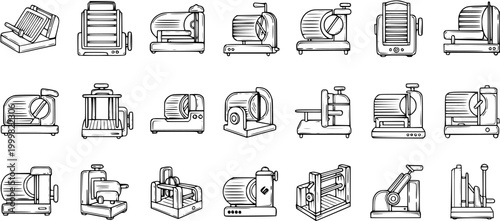 Black and White Line Art Icons of Various Slicing Machines, Food Processors, and Graters for Kitchen or Deli Use