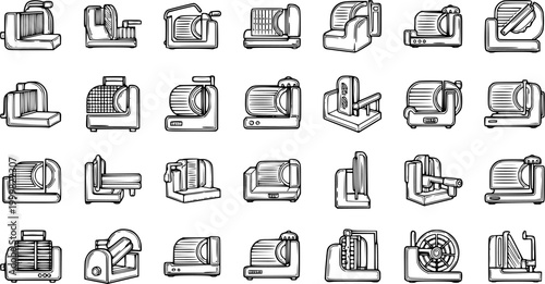 Black and White Line Art Icons of Meat Slicers and Food Processors for Kitchen Appliances