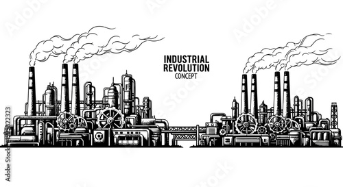 Industrial revolution concept sketch featuring manufacturing factories and smoking chimneys.